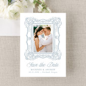 Elegant Blue Ornate Frame 2 Photo QR Code Wedding セーブザデート