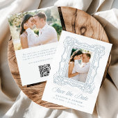 Elegant Blue Ornate Frame 2 Photo QR Code Wedding セーブザデート