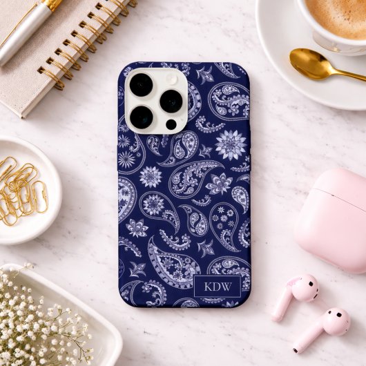 Elegant Blue Paisley Monogram  iPhoneケース