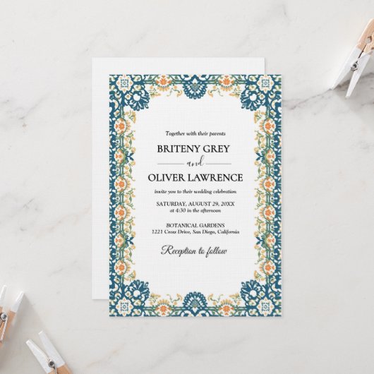 Elegant Blue Papel Picado weeding 招待状 (正面/裏面インサイチュ)