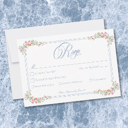 Elegant Blue Pastel Wildflower Border Wedding 出欠カード