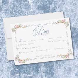 Elegant Blue Pastel Wildflower Border Wedding 出欠カード