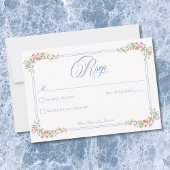 Elegant Blue Pastel Wildflower Border Wedding 出欠カード