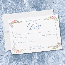 Elegant Blue Pastel Wildflower Border Wedding 出欠カード