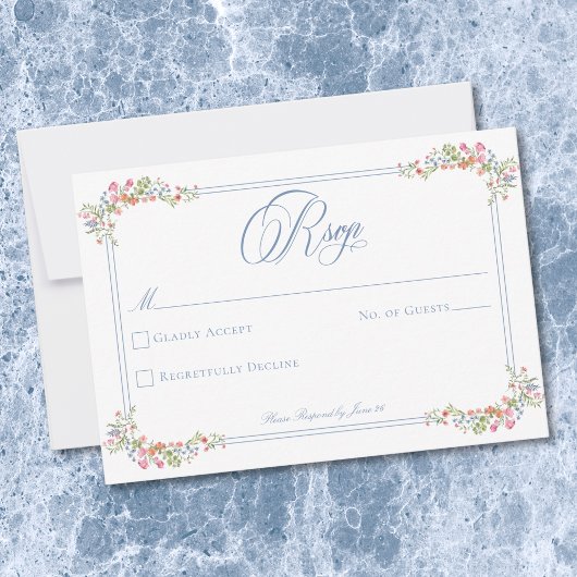 Elegant Blue Pastel Wildflower Border Wedding 出欠カード