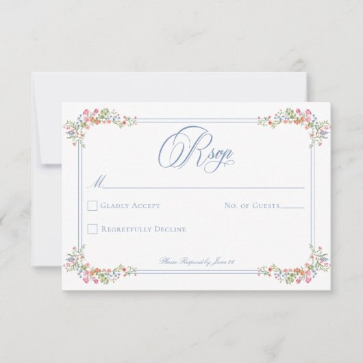 Elegant Blue Pastel Wildflower Border Wedding 出欠カード (正面)