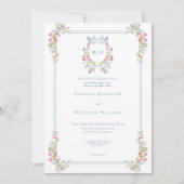 Elegant Blue Pastel Wildflower Regal Crest Wedding 招待状 (正面)