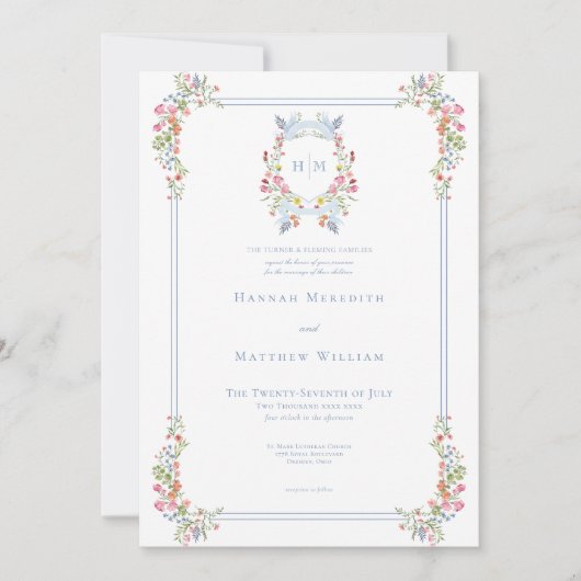 Elegant Blue Pastel Wildflower Regal Crest Wedding 招待状 (正面)