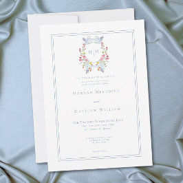 Elegant Blue Pastel Wildflower Regal Crest Wedding 招待状