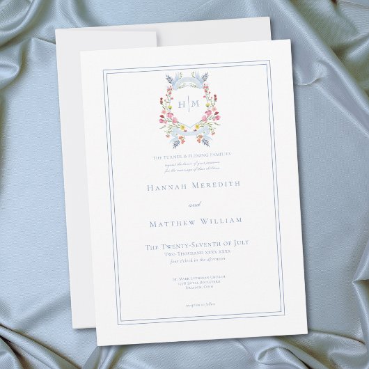 Elegant Blue Pastel Wildflower Regal Crest Wedding 招待状