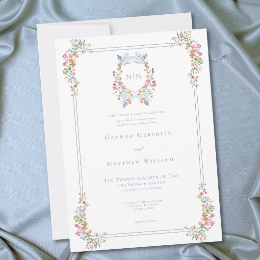 Elegant Blue Pastel Wildflower Regal Crest Wedding 招待状