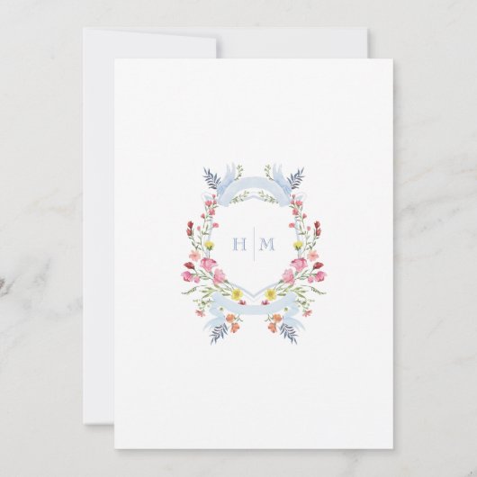Elegant Blue Pastel Wildflower Regal Crest Wedding 招待状 (裏面)