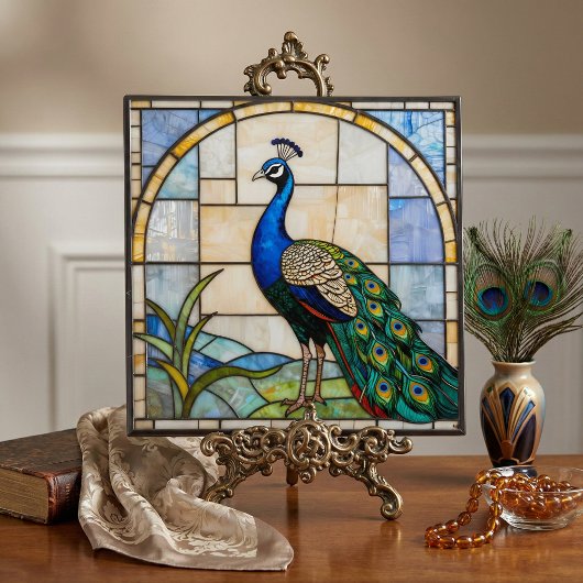 Elegant Blue Peacock Faux Stained Glass Mosaic Art タイル