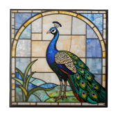 Elegant Blue Peacock Faux Stained Glass Mosaic Art タイル (正面)