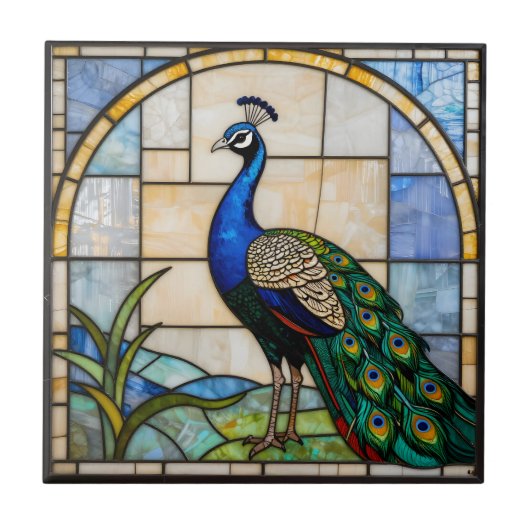 Elegant Blue Peacock Faux Stained Glass Mosaic Art タイル (正面)