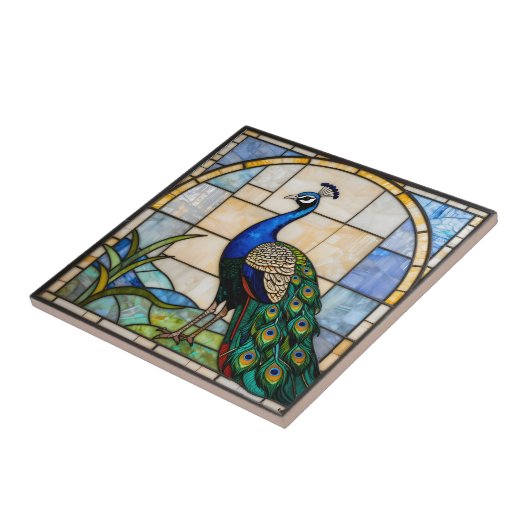 Elegant Blue Peacock Faux Stained Glass Mosaic Art タイル (側面)
