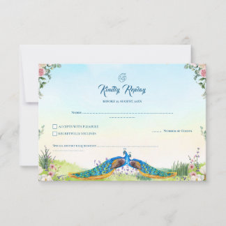 Elegant Blue Peacock Floral Indian Wedding Theme 出欠カード