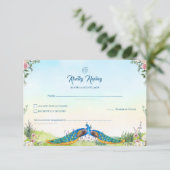 Elegant Blue Peacock Floral Indian Wedding Theme 出欠カード (スタンド正面)