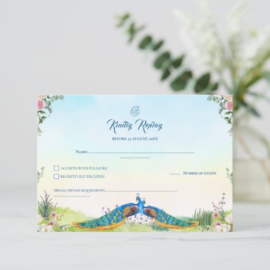 Elegant Blue Peacock Floral Indian Wedding Theme 出欠カード (スタンド正面)