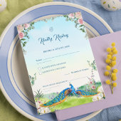 Elegant Blue Peacock Floral Wedding Theme 出欠カード
