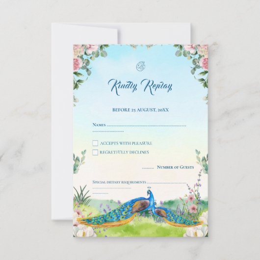 Elegant Blue Peacock Floral Wedding Theme 出欠カード (正面)