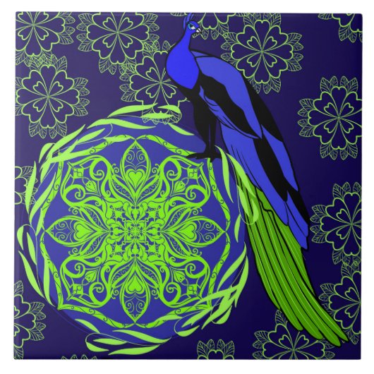 Elegant Blue Peacock with Green Mandala タイル (正面)