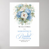 Elegant Blue Peonies Gold Bridal Shower Welcome ポスター (正面)