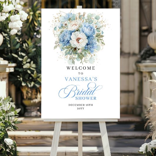 Elegant Blue Peonies Gold Bridal Shower Welcome ポスター