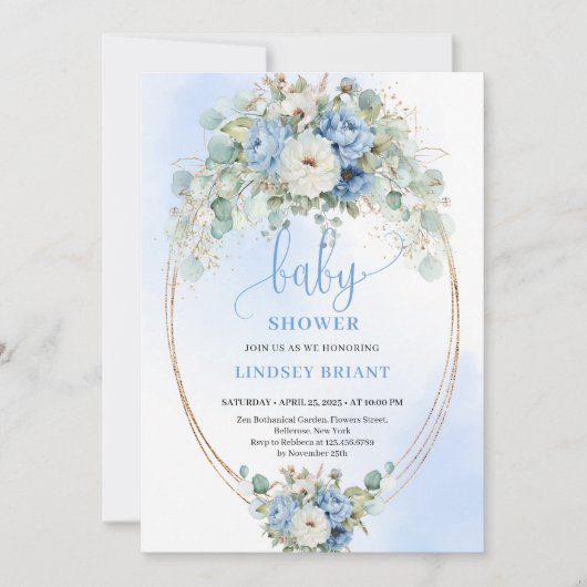 Elegant Blue Peonies Greenery Baby Shower Invite 招待状 (正面)