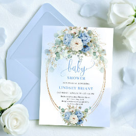 Elegant Blue Peonies Greenery Baby Shower Invite 招待状