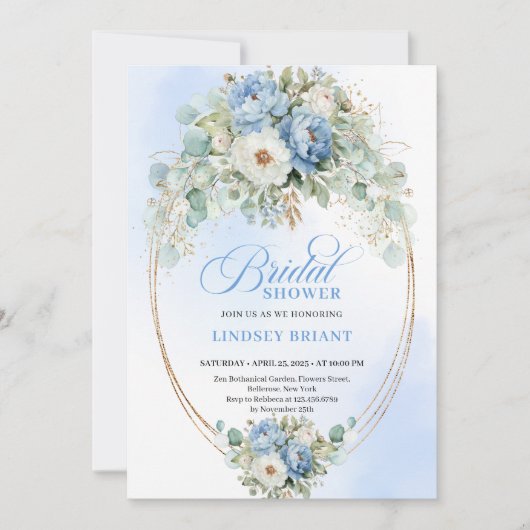 Elegant Blue Peonies Greenery Bridal Shower Invite 招待状 (正面)