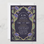 Elegant Blue Peony Art Nouveau Floral Wedding 招待状 (正面)