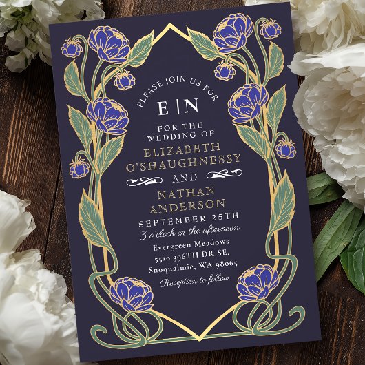 Elegant Blue Peony Art Nouveau Floral Wedding 招待状