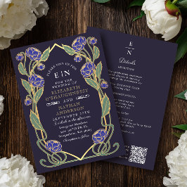 Elegant Blue Peony Art Nouveau QR Code Wedding 招待状
