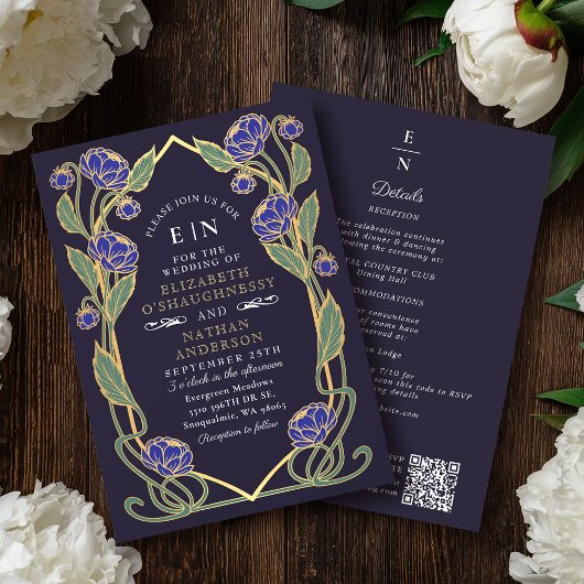 Elegant Blue Peony Art Nouveau QR Code Wedding 招待状