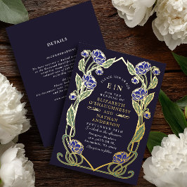 Elegant Blue Peony Art Nouveau Wedding All in One 箔招待状