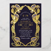 Elegant Blue Peony Art Nouveau Wedding All in One 箔招待状 (正面)