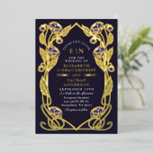 Elegant Blue Peony Art Nouveau Wedding All in One 箔招待状 (立ち正面)