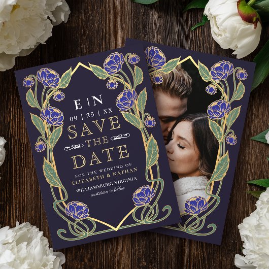 Elegant Blue Peony Art Nouveau Wedding Photo セーブザデート