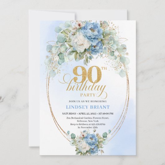 Elegant Blue Peony Gold 90th Birthday Invitation 招待状 (正面)