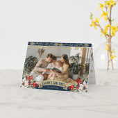 Elegant Blue Photo Holly Red Berries Poinsettia カード (黄色い花)