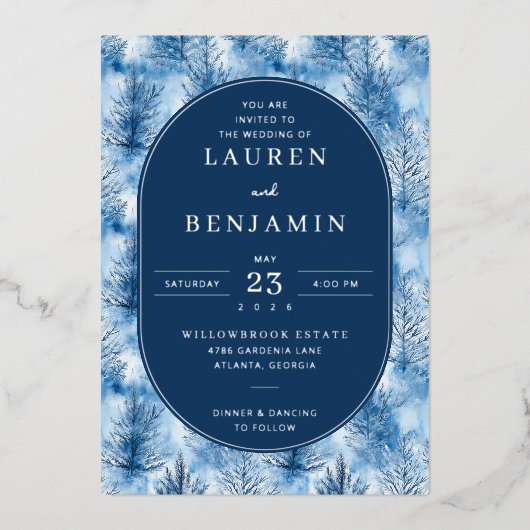 Elegant Blue Pine Tree Wedding Invitation 箔招待状 (正面)