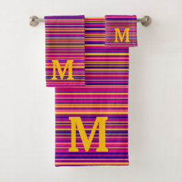 Elegant blue pink and yellow stripes monogram バスタオルセット