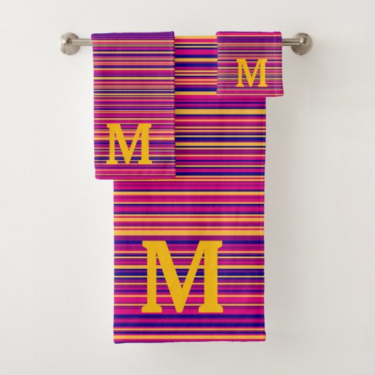 Elegant blue pink and yellow stripes monogram バスタオルセット (インサイチュ)
