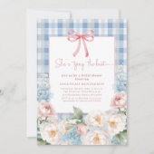 Elegant Blue Pink Floral Bow Gingham Bridal Shower 招待状 (正面)