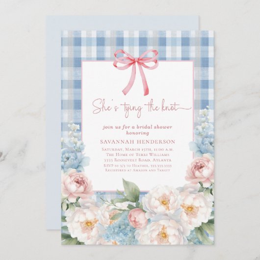 Elegant Blue Pink Floral Bow Gingham Bridal Shower 招待状 (正面/裏面)