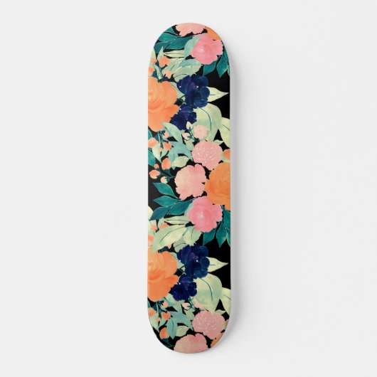 Elegant Blue Pink Orange Flowers Black Floral スケートボード (正面)