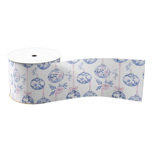 Elegant Blue & Pink Toile Christmas Ornaments Wrap グログランリボン (リール)