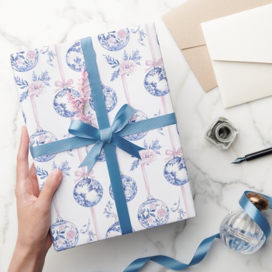 Elegant Blue & Pink Toile Christmas Ornaments Wrap ラッピングペーパー (ギフト)