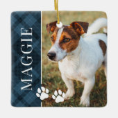 Elegant Blue Plaid Pet Name and Photo セラミックオーナメント (正面)